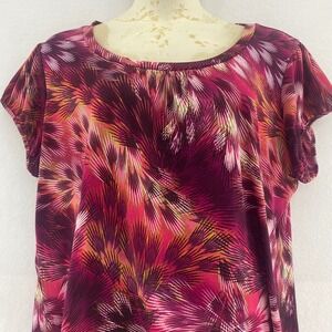 Worthington Woman 2X Stretch Blouse Magenta Abstract Palm Print Short Sleeve Top